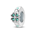 Detailed close-up of silver four-leaf clover charm with green cubic zirconia stones - Green Four-leaf Clover Spacer Bead (PAC2054)