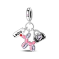 Detail of flamingo bead charm with lucky tag, pink balloon dog, and purple heart gem - Shopping Daily Balloon Dog Bag LUCKY Tag (PAC1539)