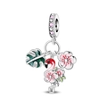 Exquisite flamingo charm with pink enamel flowers and green monstera leaf on silver base - Flamingo Flower Tropical Leaf (PAC1538)
