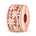 Rose gold daisy flower charm bead with white zircon crystals for DIY bracelets - Clover Series Rose Gold Clip (PAC388)