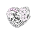 Detailed view of silver heart charm with pink enamel flowers and hugging couple engraving - Perfect Lovers (PAC2099)