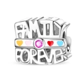 Close-up of Family Forever silver bead charm with pink gemstone and heart enamel details - Family Forever (PAC2111)