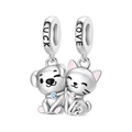 Detail of silver cat and dog charms with pink enamel and LUCK LOVE engraved loops - Magnetic Cat Dog Best Friend Charm (PAC2168)