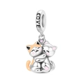 Detailed view of silver cat charm with pink heart gemstone and LOVE engraving on the bail - Cat Hugging Charm (PAC2170)