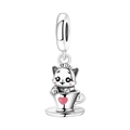 Detailed view of silver charm pendant featuring a cute kitten with crown in a pink heart teacup - Cat Coffee Cup Pendant (OTC1251)