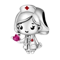 Detail of silver nurse charm with pink heart gemstone and red cross enamel work - Heart Nurse Bead (OTC1084)