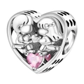 Detailed silver heart charm with boy and girl figures and a pink heart gemstone inlay - Childhood Sweethearts Heart Bead (OTC1191)