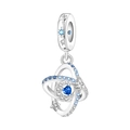 Detail of silver charm with blue heart stone and sparkling starry planetary motifs - Moon Orbit Pendant (OTC1390)