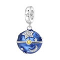 Detailed blue enamel starry sky charm bead with silver stars moon and yellow stone - Openable Planet Pendant (OTC1548)