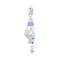 Detailed view of silver hand charm with purple cubic zirconia and hanging blue stars - Hand Picking Galaxy Pendant (OTC1664)