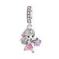 Macro view of silver girl charm with pink enamel bow and sparkling star zircon - Girl Holding Star Enamel Pendant (OTC1238)