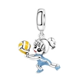 Detailed view of silver volleyball girl charm with blue enamel and polished metal ring - Volleyball Girl Pendant (OTC1280)