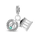 Silver Greek theme charm with harp, green gemstone and temple for charm bracelets - Greek Temple Style Pendant (PAC2005)