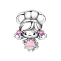 Detail of silver chef charm with pink enamel apron and sparkling zircon accents - Dessert Chef Girl Pendant (OTC1312)
