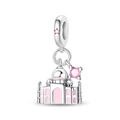Silver palace charm with pink enamel and sparkling gemstones for jewelry bracelets - India Taj Mahal Style Pendant (PAC2003)