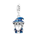Detailed view of silver wizard charm with blue enamel hat and moon detail for bracelets - Chibi Wizard Pendant (OTC1342)