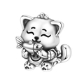 Detailed view of silver cat charm holding a fish with paw print engraving on bottom - Cat with Bib Eating Fish Bead (OTC1538)