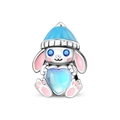 Abalorio de conejo de plata con gorro azul y gema de corazón para pulseras - Estilo Conejo Corazón (PAC2017)