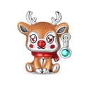Charm de reno de Navidad bañado en plata con bufanda roja y piedra verde para pulseras - Estilo Reno (PAC1964)