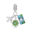 Silver travel charm with airplane, compass and world map pendant set with crystals - Pac2202 - Travel Map Charm (ai)