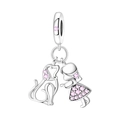 Silberanhänger mit kleinem Mädchen und Hund, verziert mit rosa Zirkon-Steinen - Mädchen und Welpe Anhänger (OTC1318)