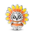 Detail of silver sunflower charm with yellow enamel petals and cute facial features - Sunflower Doll Bead