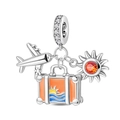 Travel theme silver pendant with airplane, orange enamel suitcase and sun zircon charm - Pac2206 - Summer Travel Charm (ai)