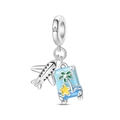 Macro detail of silver airplane and blue enamel suitcase charms with star decoration - Pac2207 - Travel Two-piece Pendant Set (ai)