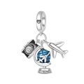 Detailed view of travel charms featuring a black camera, globe, and silver airplane - Pac2231 - Travel Three-piece Pendant Set (ai)