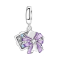 Detailed view of silver gift box charm with purple bow and sparkling blue gemstones - Star Gift Box Pendant (OTC1267)