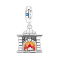 Detailed view of silver fireplace charm with colorful enamel flames and blue stone - Home Fireplace Pendant (OTC1436)