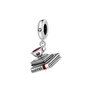 Detailed view of silver charm featuring stacked books, coffee cup and pink heart zircon - Coffee And Books Pendant (OTC1003)