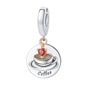 Detail of coffee charm with white cup, red heart gem and Coffee engraving in silver - Heart Coffee Pendant (OTC1137)