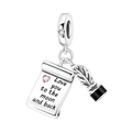 Macro view of silver feather pen charm with Love you to the moon and back inscription - Love Manifesto Pendant (OTC1453)