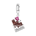 Macro detail of silver chocolate charm with pink heart gemstone and silver engraving - Heart Chocolate Pendant (OTC1299)