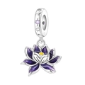 Macro detail of silver lotus charm with purple enamel petals and star engraved clasp - Purple Water Lily Style (OTC1499)