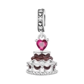Detailed view of S925 silver charm with red heart zircon and coffee enamel cake - Chocolate Heart Cake Pendant (OTC1578)