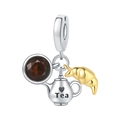 Silver tea charm with tea pot, brown gemstone and golden croissant for bracelets - Afternoon Tea Croissant Pendant (OTC1132)