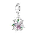 Detailed iris flower charm with purple zircon stones and green enamel leaves for bracelets - Flower Basket Style (OTC1569)