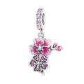 Macro detail of cherry blossom charm with pink enamel and sparkling crystals in silver - Cherry Blossom Branch Style (OTC1572)