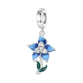 Macro shot of blue enamel iris charm with silver plating and sparkling center zircon - Blue Iris Pendant (OTC1600)