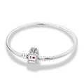 Detail of silver snake chain bracelet featuring a perfume bottle charm with pink bow detail - Perfume Bottle Style (KTB048)