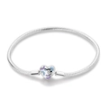 Detail of silver snake chain bracelet with a heart-shaped butterfly clasp in blue crystals - 17
