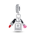 Detailed charm pendant set featuring red lipstick, pink brush and sweet perfume bottle - Lipstick Perfume And Makeup Brush