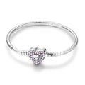 Silver S925 snake chain bracelet featuring a heart clasp with pink and purple zirconias - Sisters Forever Style (KTB031) / Silver / 17cm