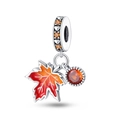 Detail of silver maple leaf charm with orange enamel and zircon for bead bracelets - Maple Leaf Two-Piece Style (W-PAC704)
