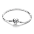 Silver snake chain bracelet featuring a heart clasp with colorful butterfly crystal inlay - 17 / Heart Butterfly