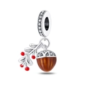 Macro detail of acorn and red berry charm in silver with sparkling zircon accents - Pine Cone Two-Piece Style (W-PAC706)