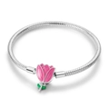 Bracciale a catena serpente in argento con pendente a tulipano in smalto rosa e foglie verdi - 17 / Stile Tulipano