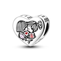 Silver heart charm with boy and girl kissing engraving and red enamel heart detail - Sisters Friendship Style (KTC710)